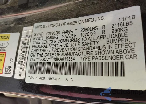 2019 Honda Accord Lx из США, поврежденный, VIN 1HGCV1F18KA019334